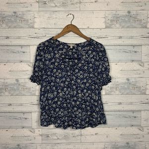 Lucky Brand Women's Boho Floral Printed V-neck Top Blue Medium Pre-owned